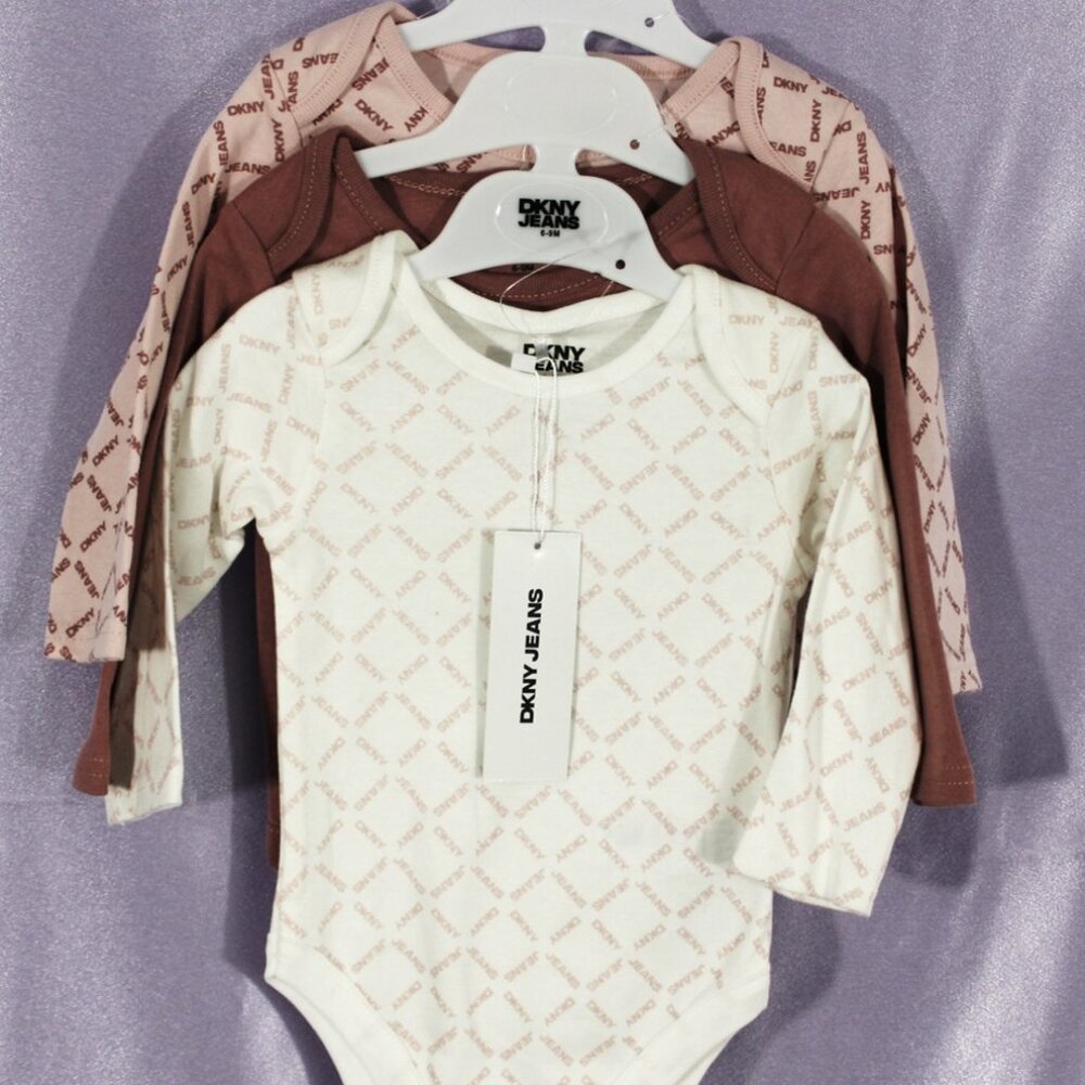 CLEARANCE NWT DKNY Jeans Baby 3-Pack Long Sleeve Bodysuits Logo Print